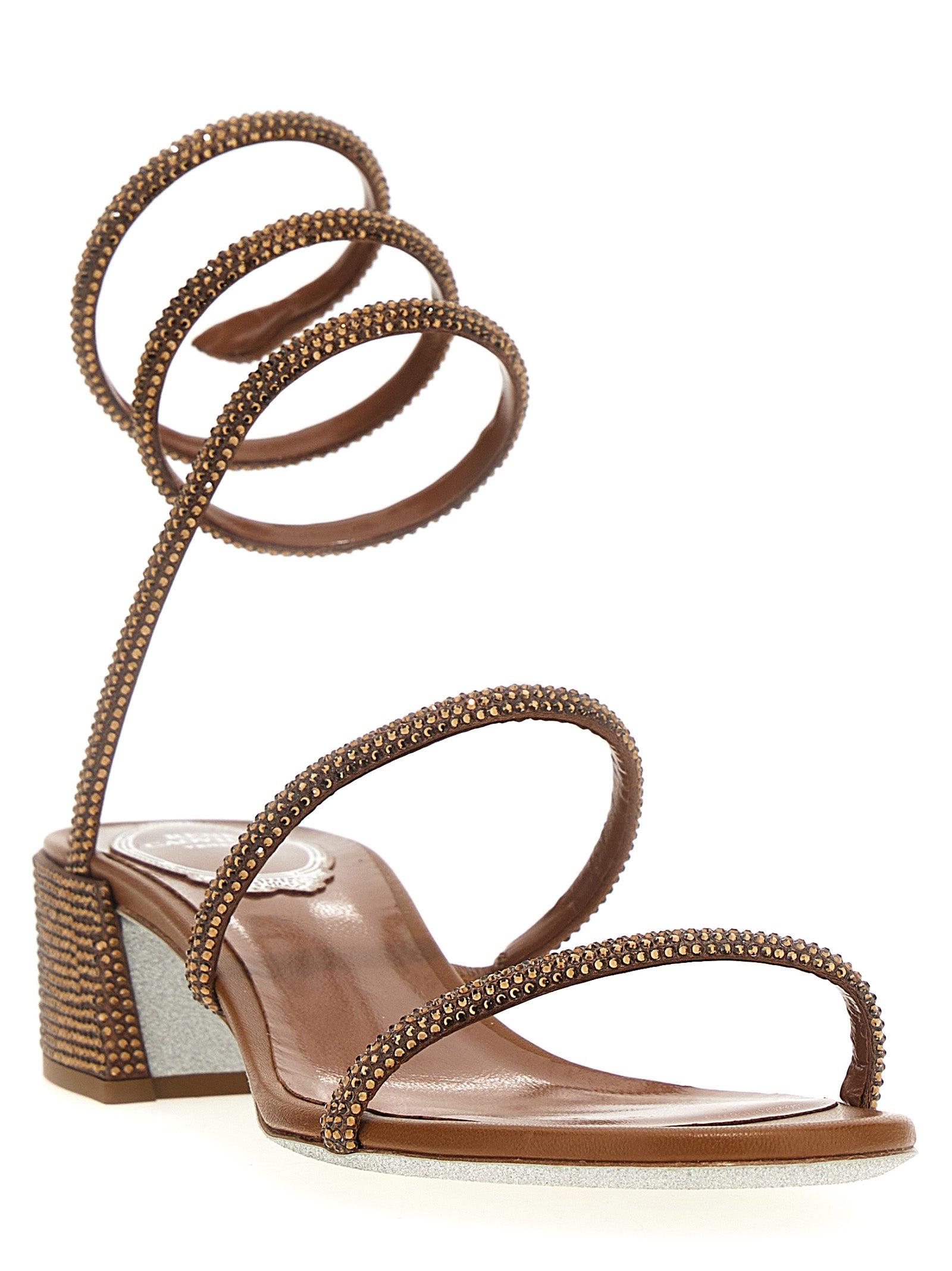 RENE CAOVILLA Brown Satin Flat Sandals