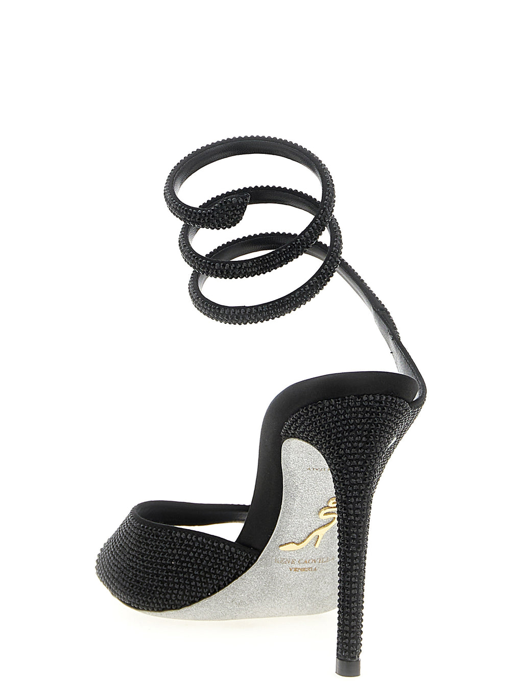 RENE CAOVILLA Black Satin Stiletto Heel Sandals