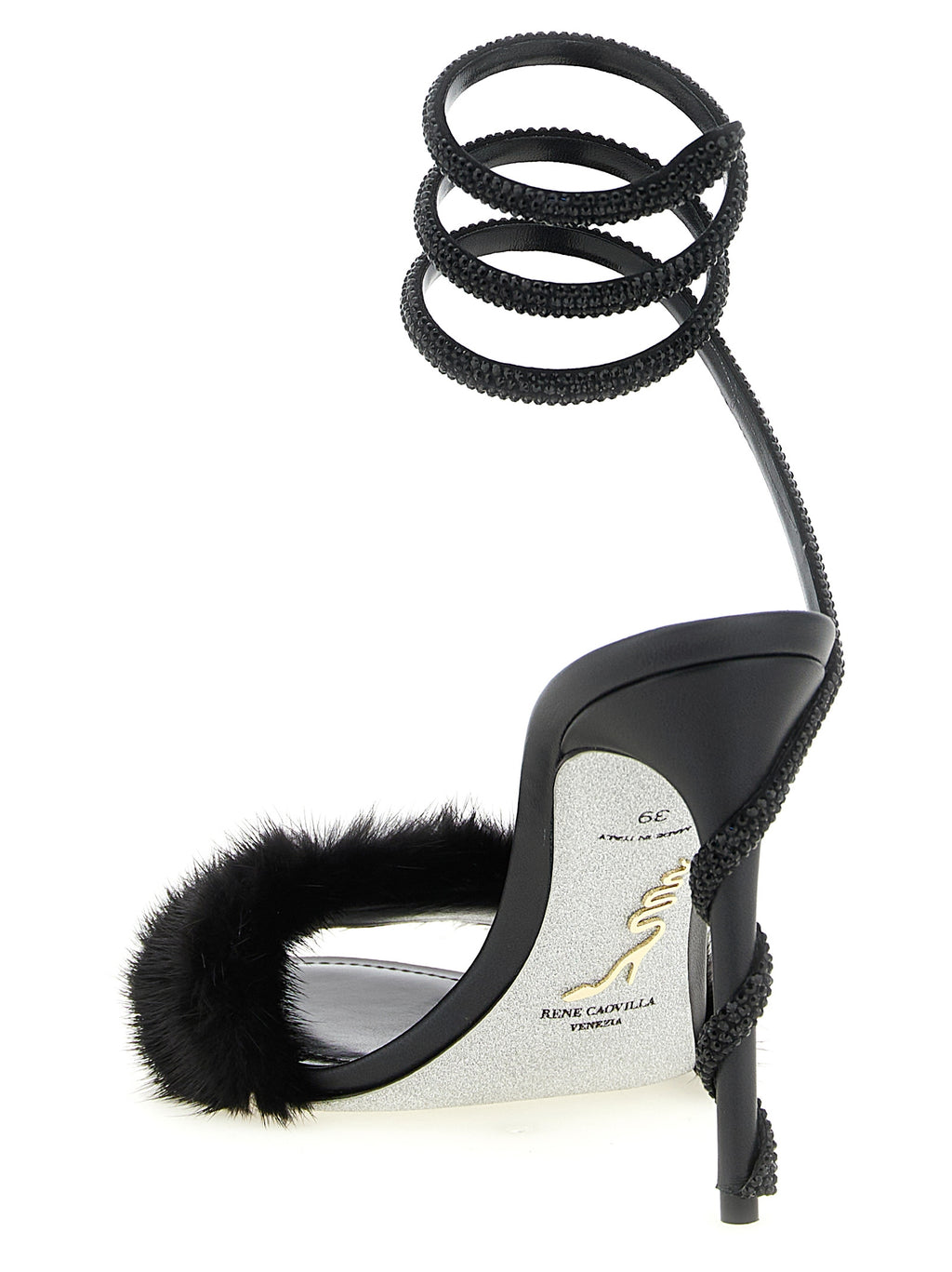 RENE CAOVILLA Black Leather Stiletto Heel Sandals