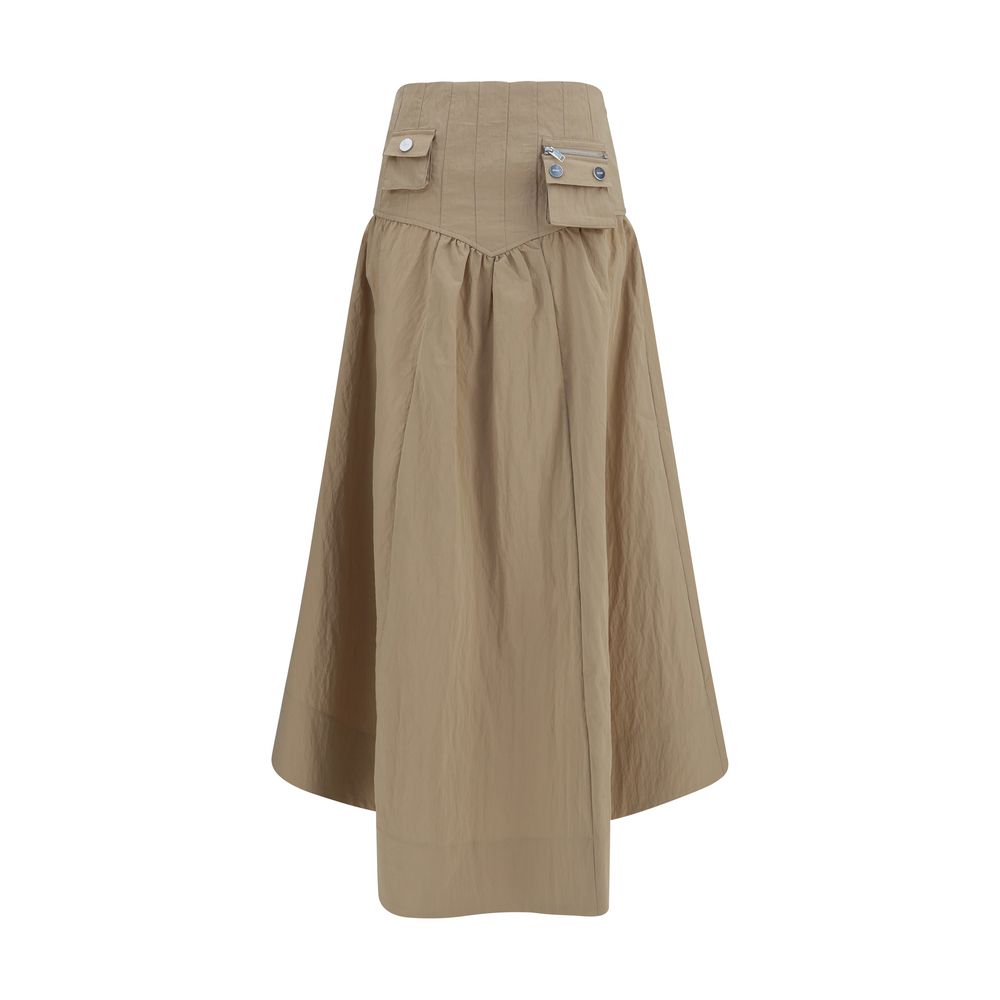 Ganni Corset-Detail Ruched Beige Midi Skirt