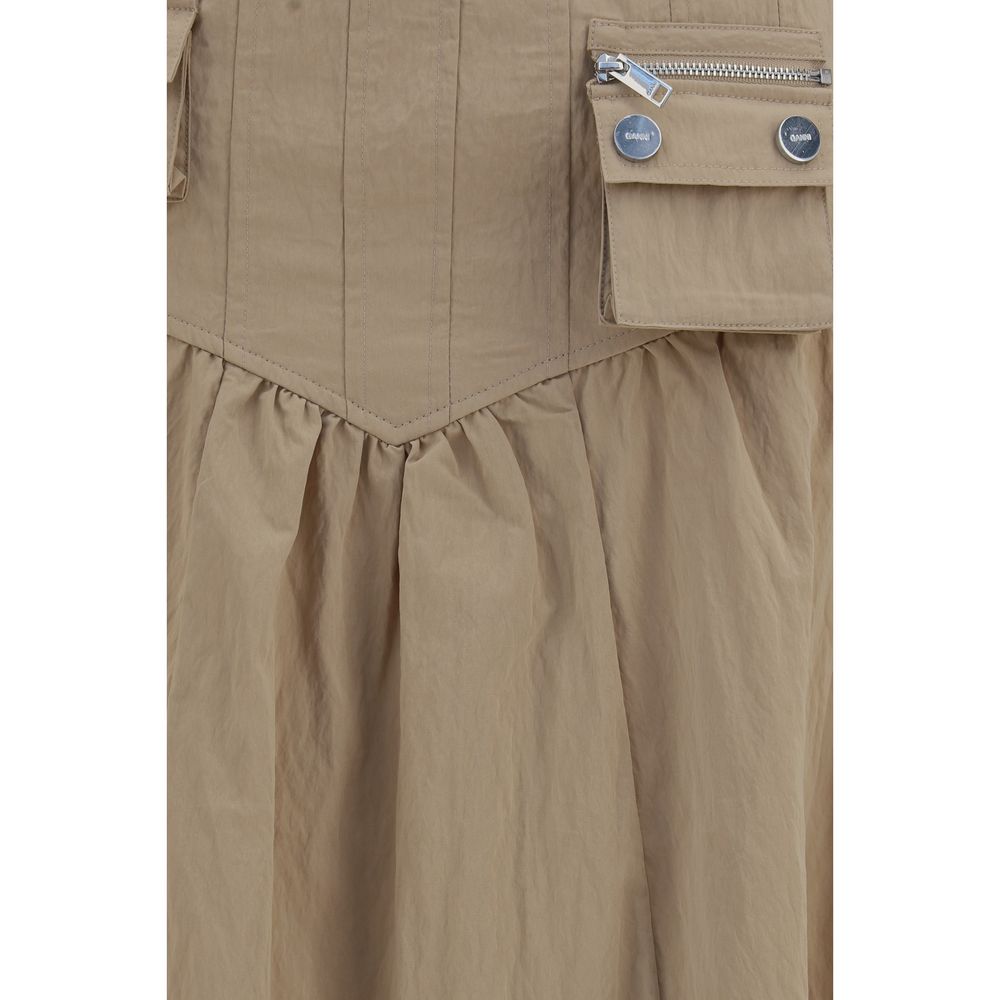Ganni Corset-Detail Ruched Beige Midi Skirt