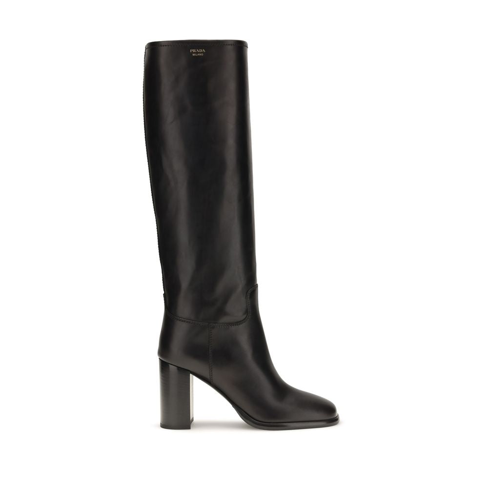 Prada Logo Block-Heel Knee-High Boots