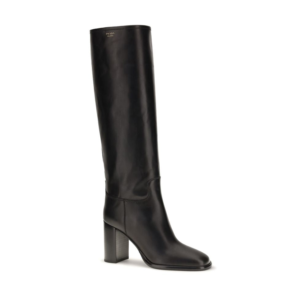 Prada Logo Block-Heel Knee-High Boots